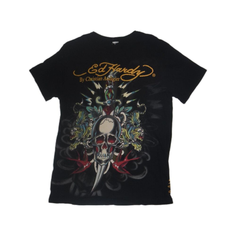 Ed Hardy Christian Audigier Skull Flames Y2K Tattoo T-Shirt - L